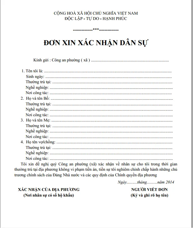 Mẫu đơn xác nhận dân sự tại Việt Nam Mẫu đơn xác nhận dân sự tại Việt Nam
