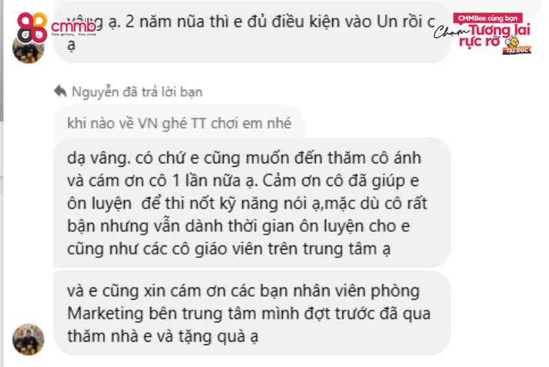 Nguyễn Duy Chinh: Hành trình du học nghề Đức từ lớp học nhỏ đến giấc mơ lớn 5 Học viên Nguyễn Duy Chinh gửi lời cảm ơn đến Trung tâm du học CMMB